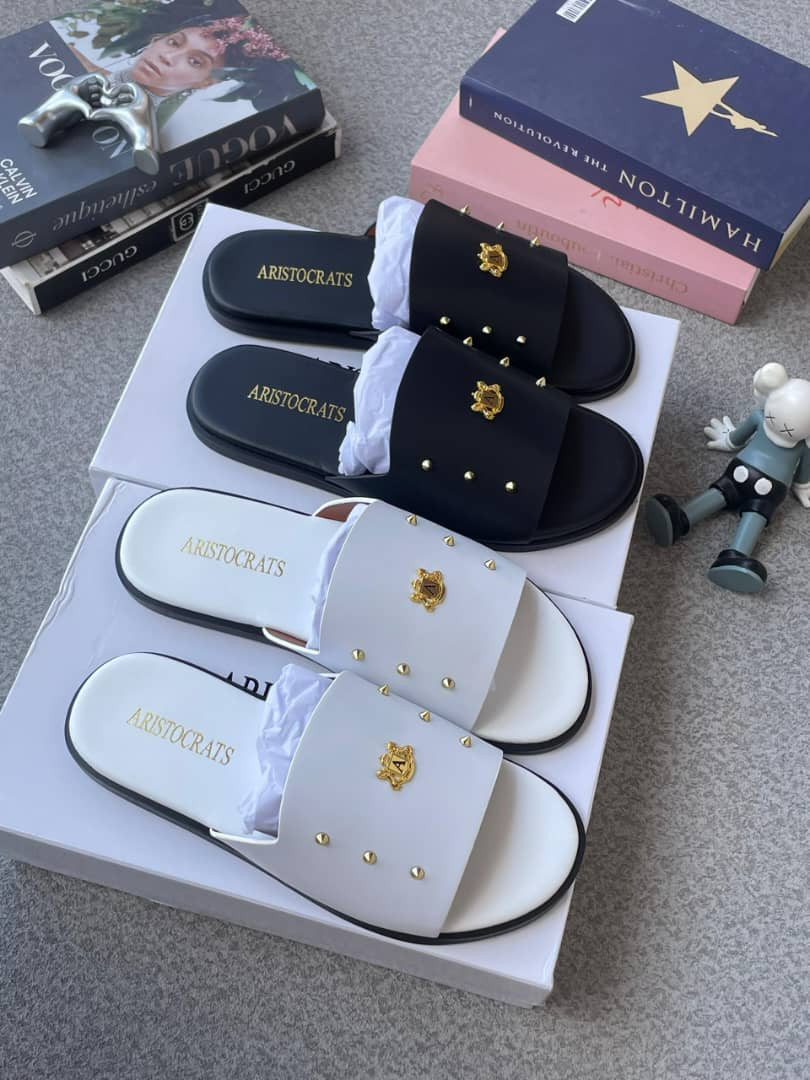 Aristocrats Black White Slide Sandals Gold Lion Emblem Studded Strap Luxury Dupe Casual Summer Shoes