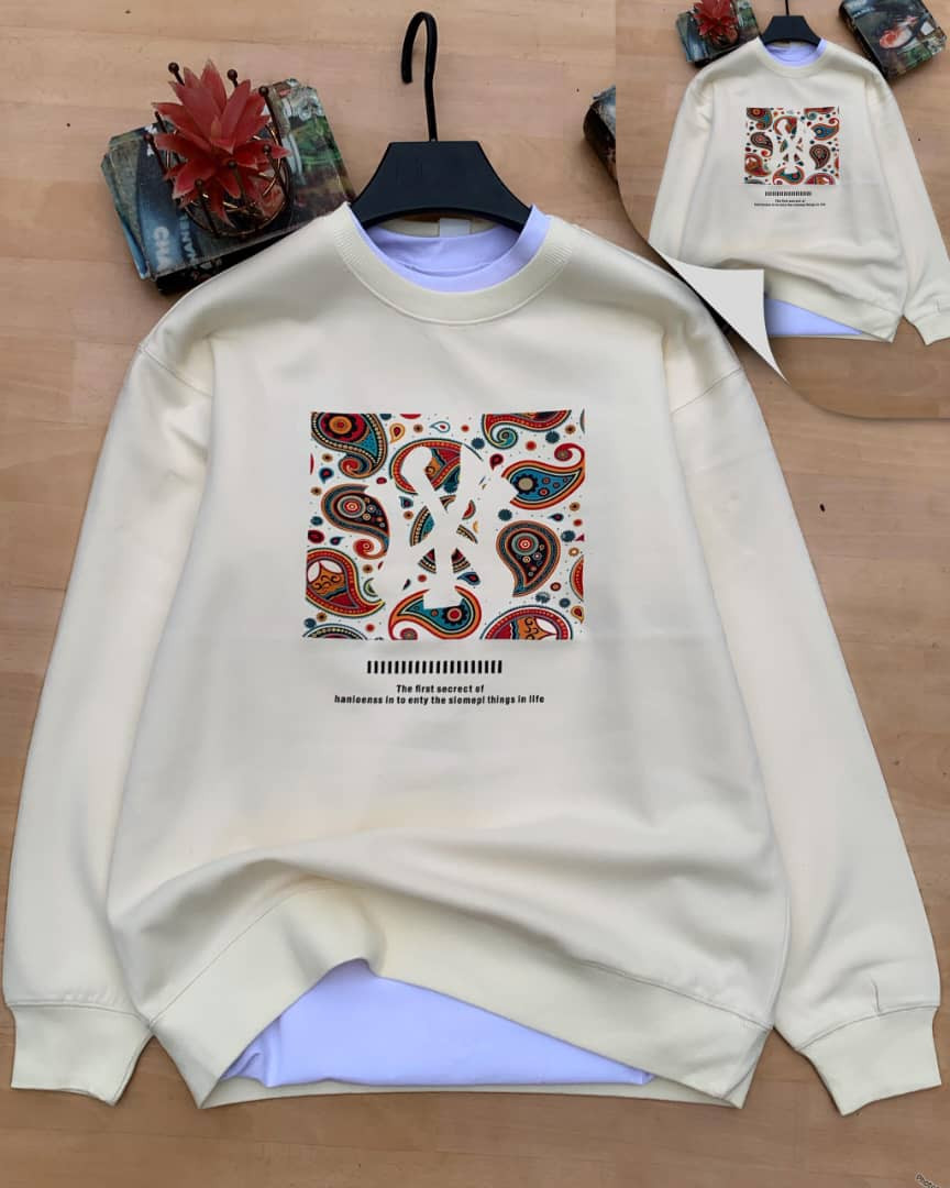 Olive Green Paisley X Graphic Sweatshirt Oversized Boxy Fit Vibrant Motif Print Unisex Retro Hype Casual Fleece Crewneck
