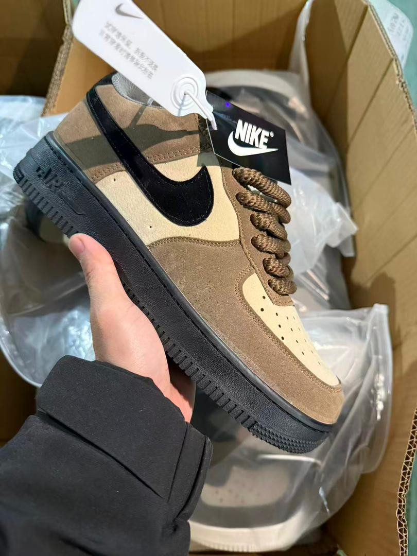 Custom Nike Air Force 1 Low - Tan Brown Suede Black Swoosh Sneakers Unisex