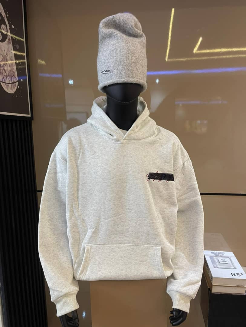 Men’s Premium Heavyweight Heather Grey Hoodie - Oversized Drop Shoulder Pullover with Graphic Chest Print & Kangaroo Pocket