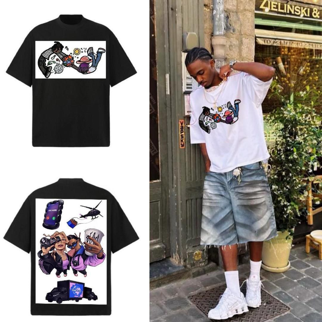 Men’s Urban Lifestyle Graphic Tee - Y2K Cartoon Character Print - Oversized Heavyweight Cotton T-Shirt with Back Graphic & Drop Shoulder