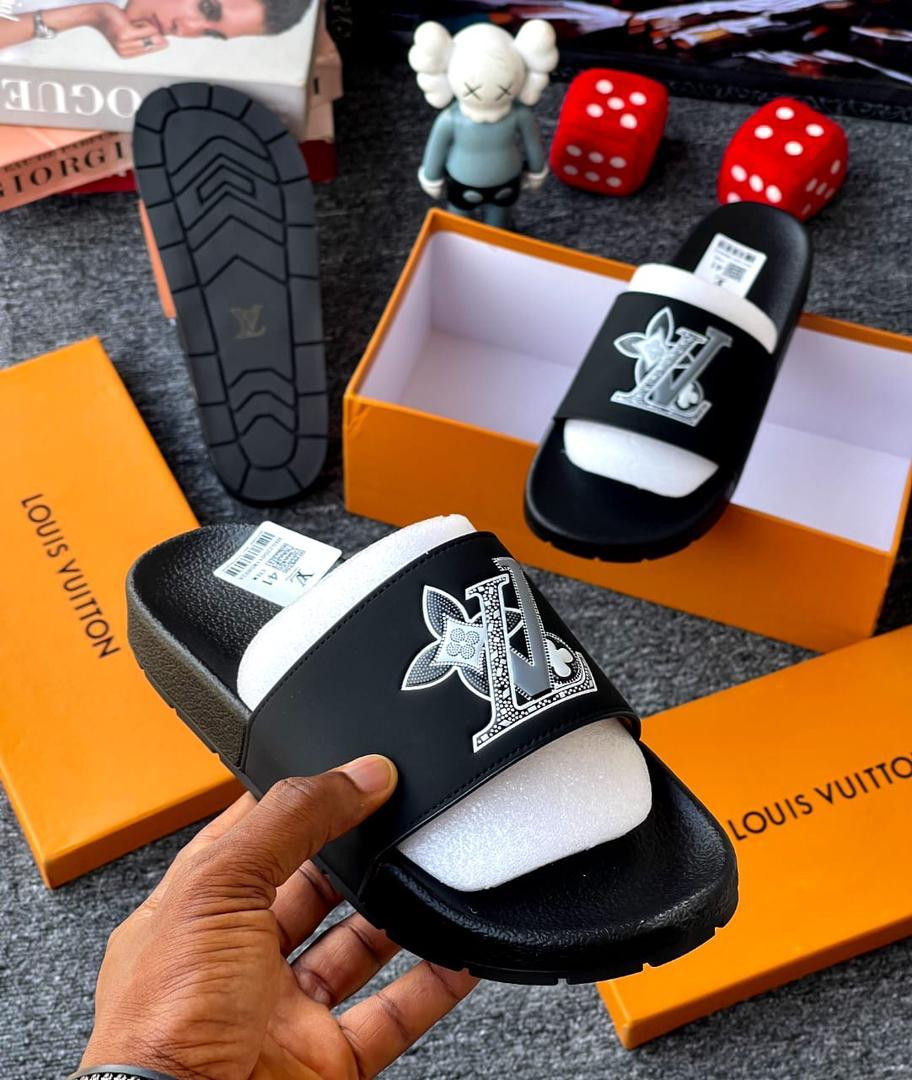 Black LV Monogram Platform Slides Louis Vuitton Inspired Chunky Thick Sole Slip On Streetwear Unisex Fashion Casual Sandals Hype Beach Pool Shoes