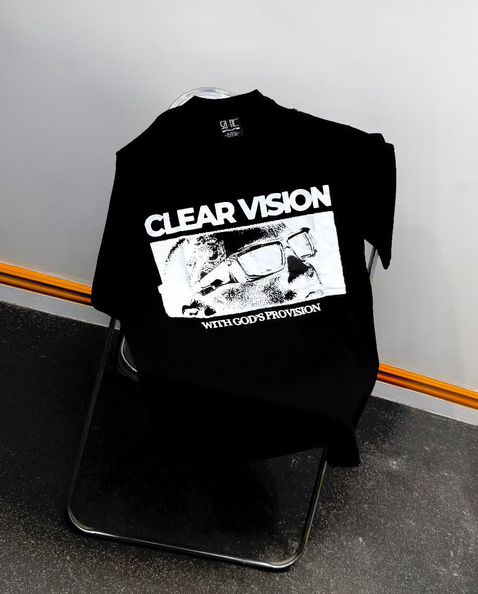 Black Oversized Back Print T-Shirt "Clear Vision With God's Provision" Glasses Graphic Motivational Tee