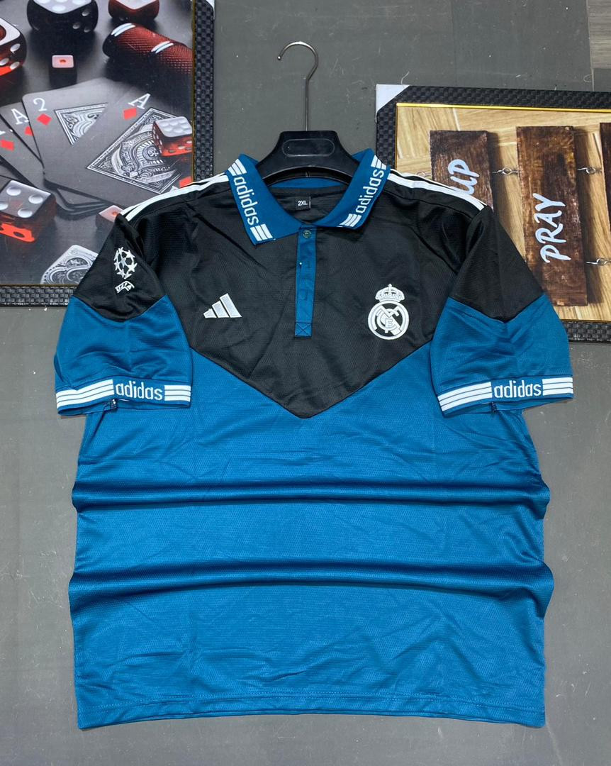 Real Madrid 2025/26 Adidas Away Jersey - Black Blue Colorblock Zip Collar Shirt UCL Patch