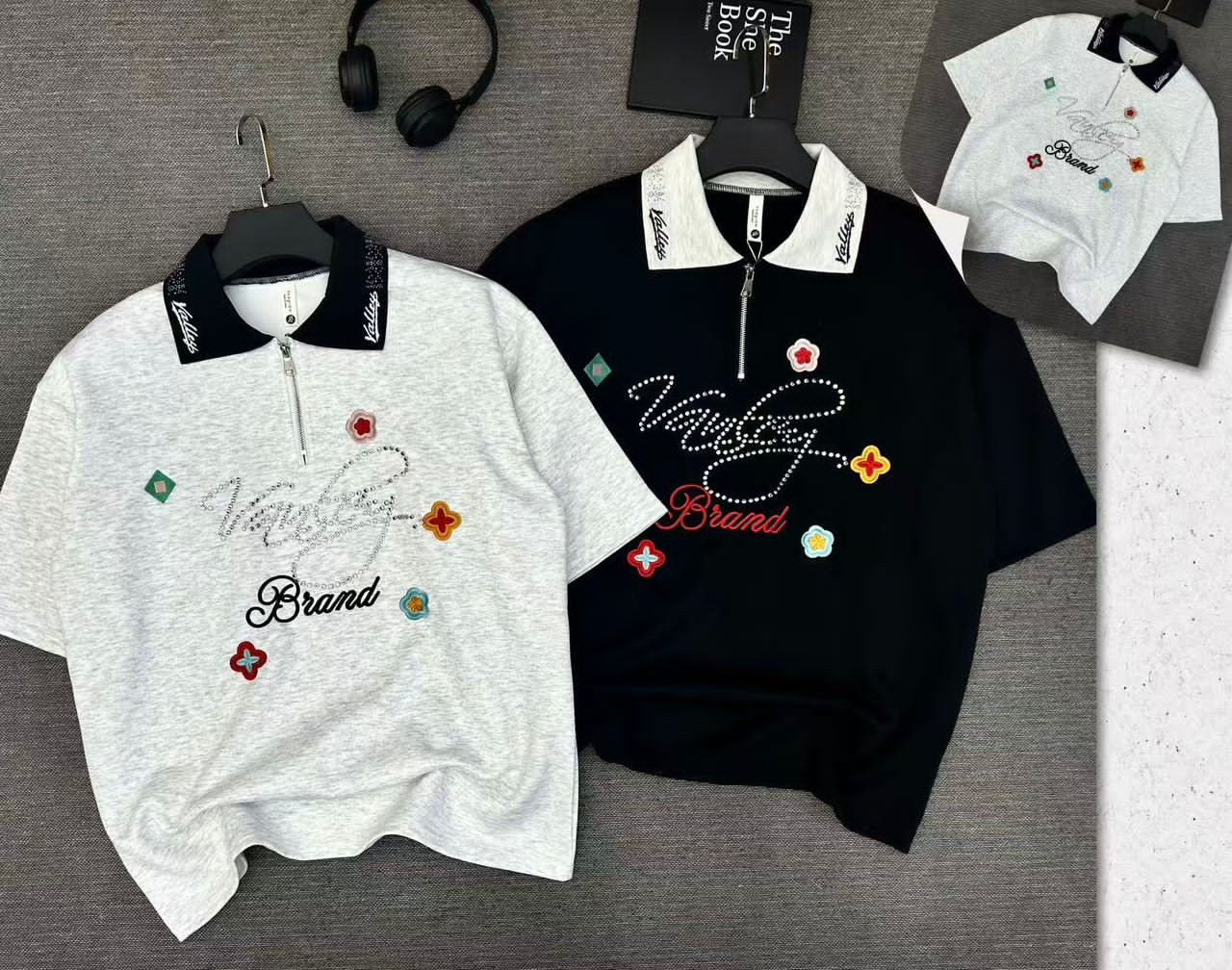 Vanley Brand Oversized Polo Shirt - Rhinestone Zip Polo with Flower Embroidery - Grey/Black Streetwear