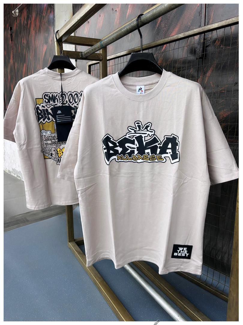 Relaxed Fit Beige Graphic Tee - BEKA Graffiti Crown Print with SMOKIN Back & WE THE BEST Patch Unisex Streetwear