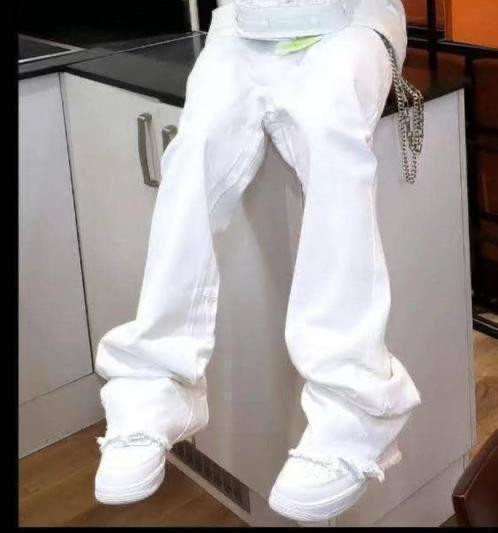 Men's Pure White Stacked Flare Jeans - Luxury Streetwear Distressed Raw Hem Denim - Extra Long Baggy Fit Trousers