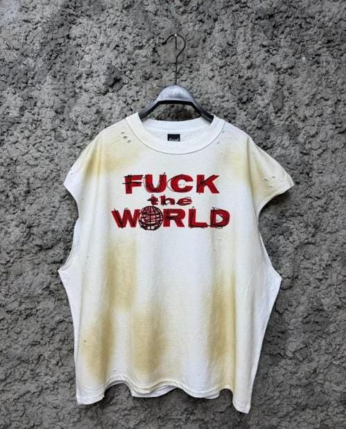 Bleached FUCK THE WORLD T-Shirt Heavy Cotton Distressed Print Ripped Grunge Relaxed Fit Unisex Streetwear Hype Casual Oversized Tee