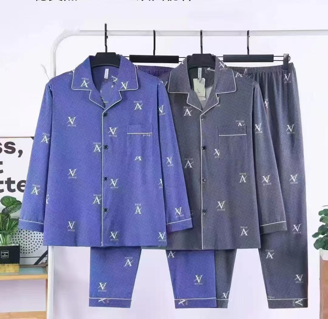 Light Blue / Gray "XV" Monogram Pajama Set Long Sleeve Button-Up + Long Pants Double-Sided Imitation Cotton Luxury Dupe Sleepwear