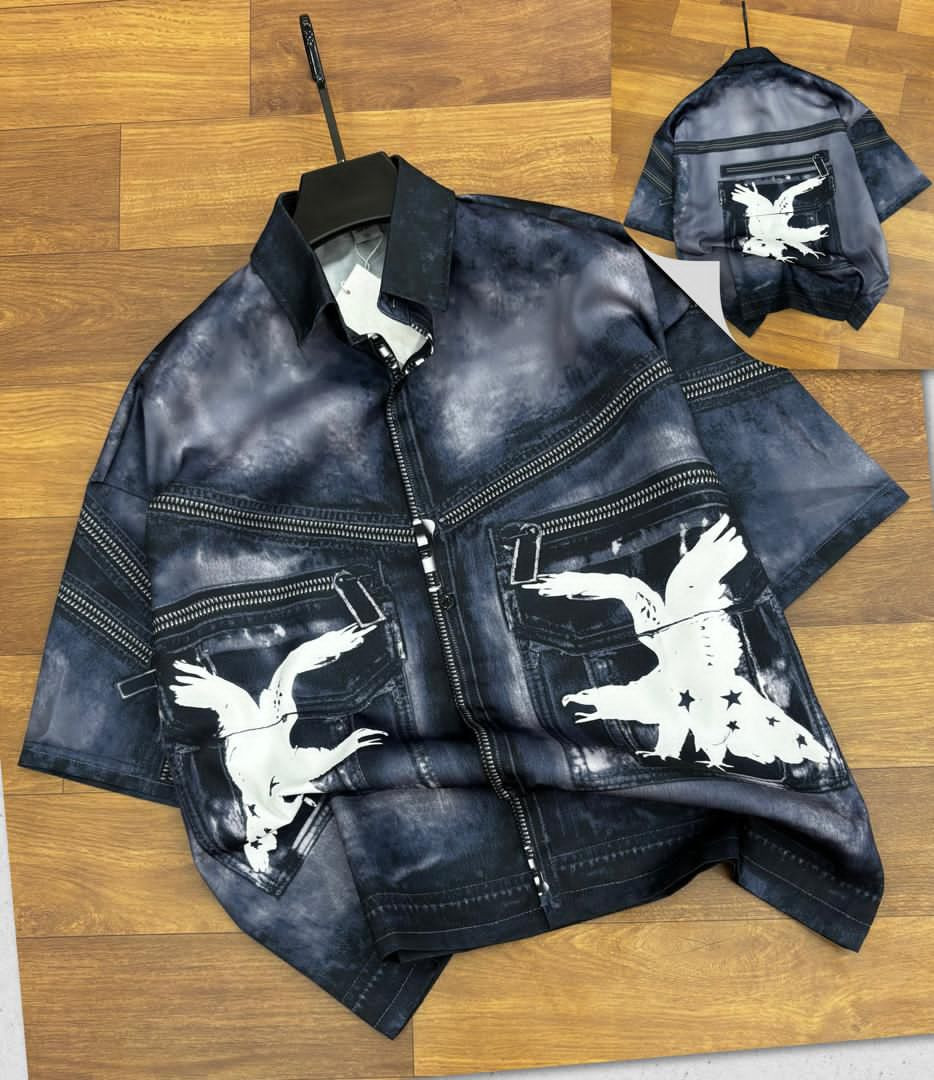 Blue White Tie-Dye Denim Look Oversized Zip Shirt Eagle Graphic Multi-Zip Pockets Short Sleeve Streetwear Unisex Hype Casual Jacket Top