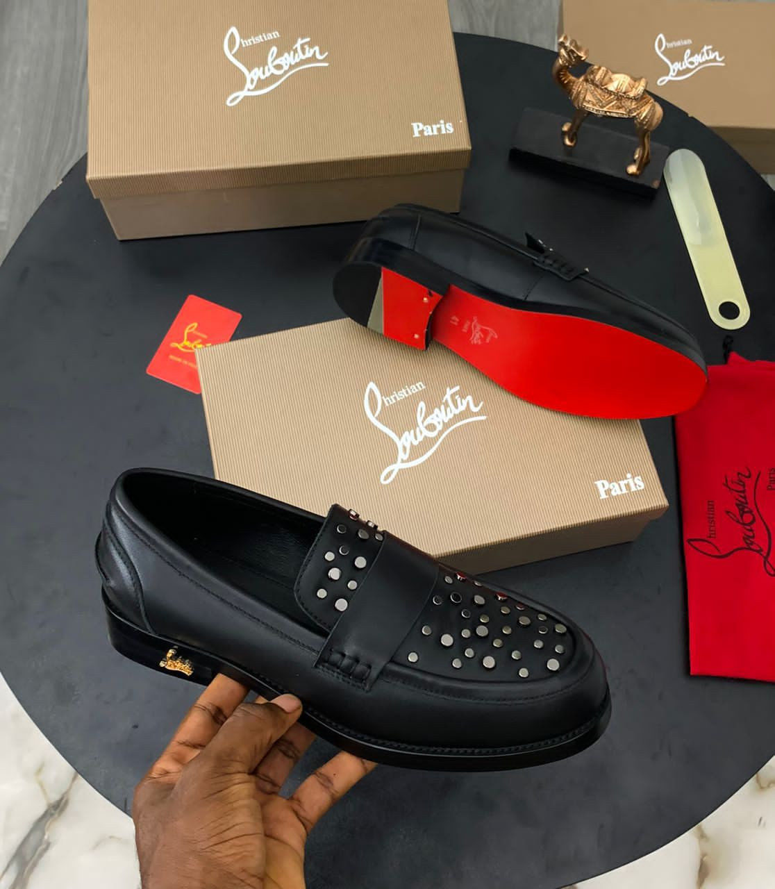 Christian Louboutin Inspired Black Platform Loafers Patent Shine Spikes Red Sole Flash Oversized Streetwear Unisex Casual Loafer