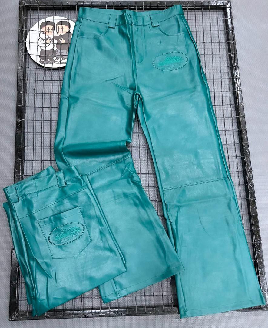 Tan Brown Faux Leather Wide Leg Pants High Waist Embroidered Patch Oversized Y2K Streetwear Unisex Luxury Casual Trousers Vegan Leather