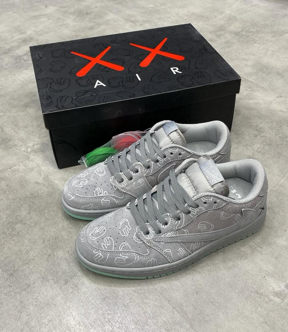 Grey Travis Scott Cactus Jack Inspired Jordan 1 Low Custom Hand Brain X Print Suede Sneakers