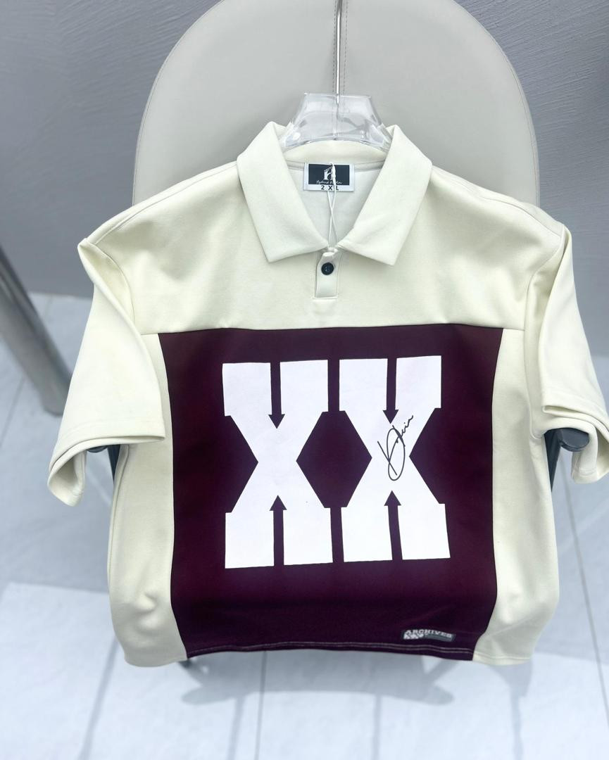 Oversized XX Polo Shirt - Cream Maroon Graphic Block Polo Streetwear Unisex
