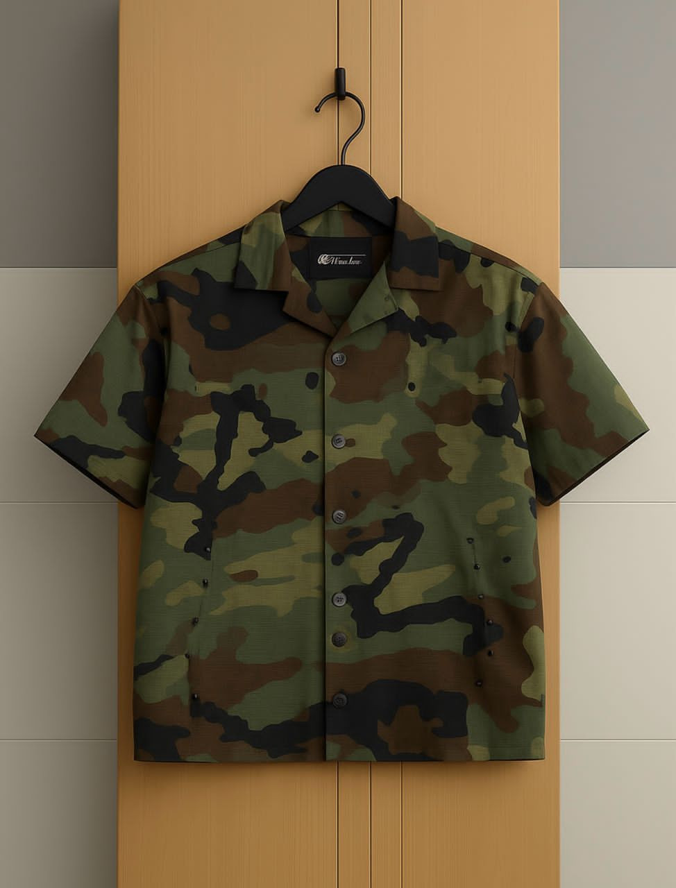 Camo Camp Collar Shirt Short Sleeve Button Up Oversized Streetwear Casual Top Rosmill Style