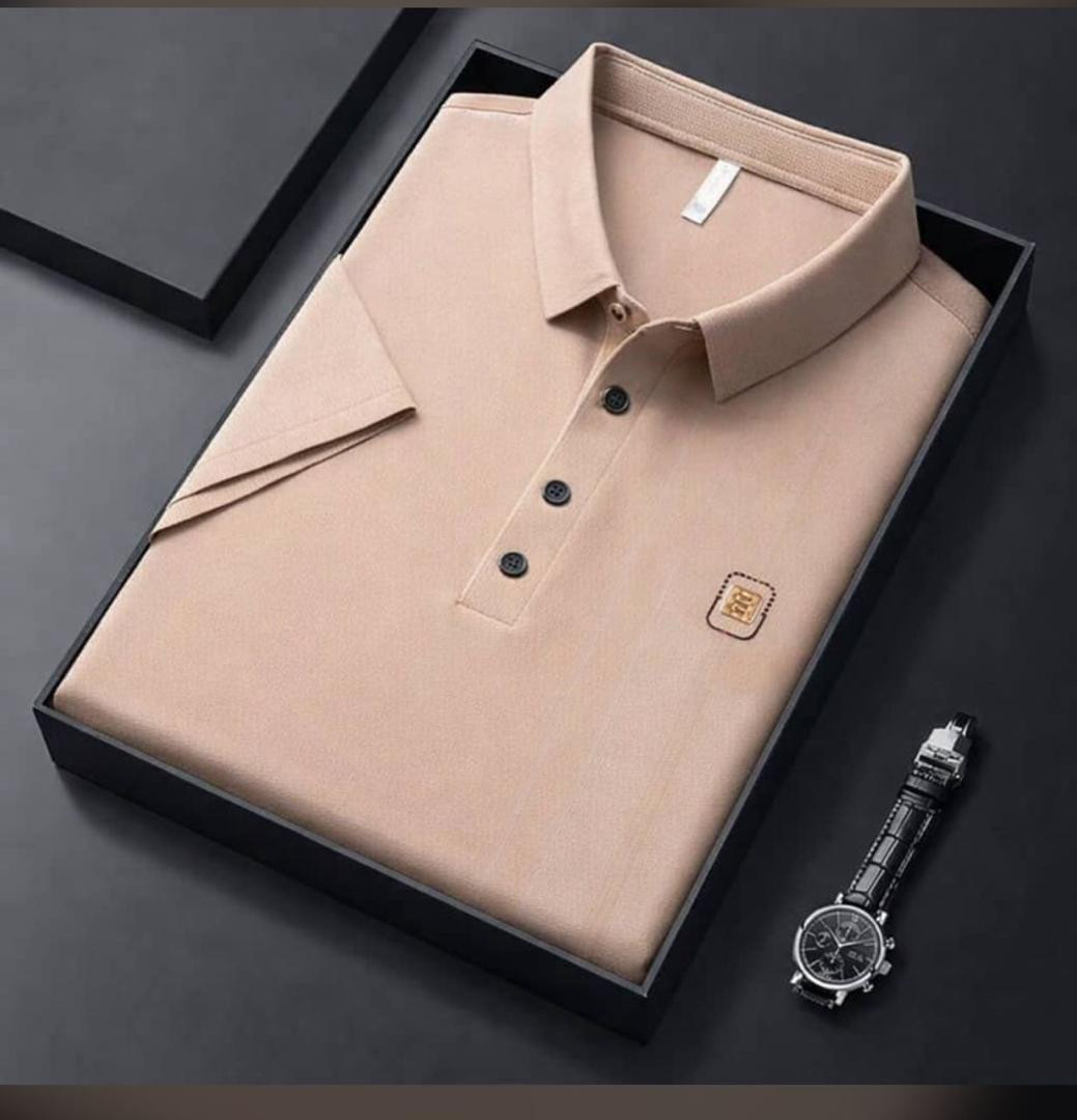 Beige Polo Shirt Embroidered Square Logo Patch Short Sleeve Casual Luxury Polo