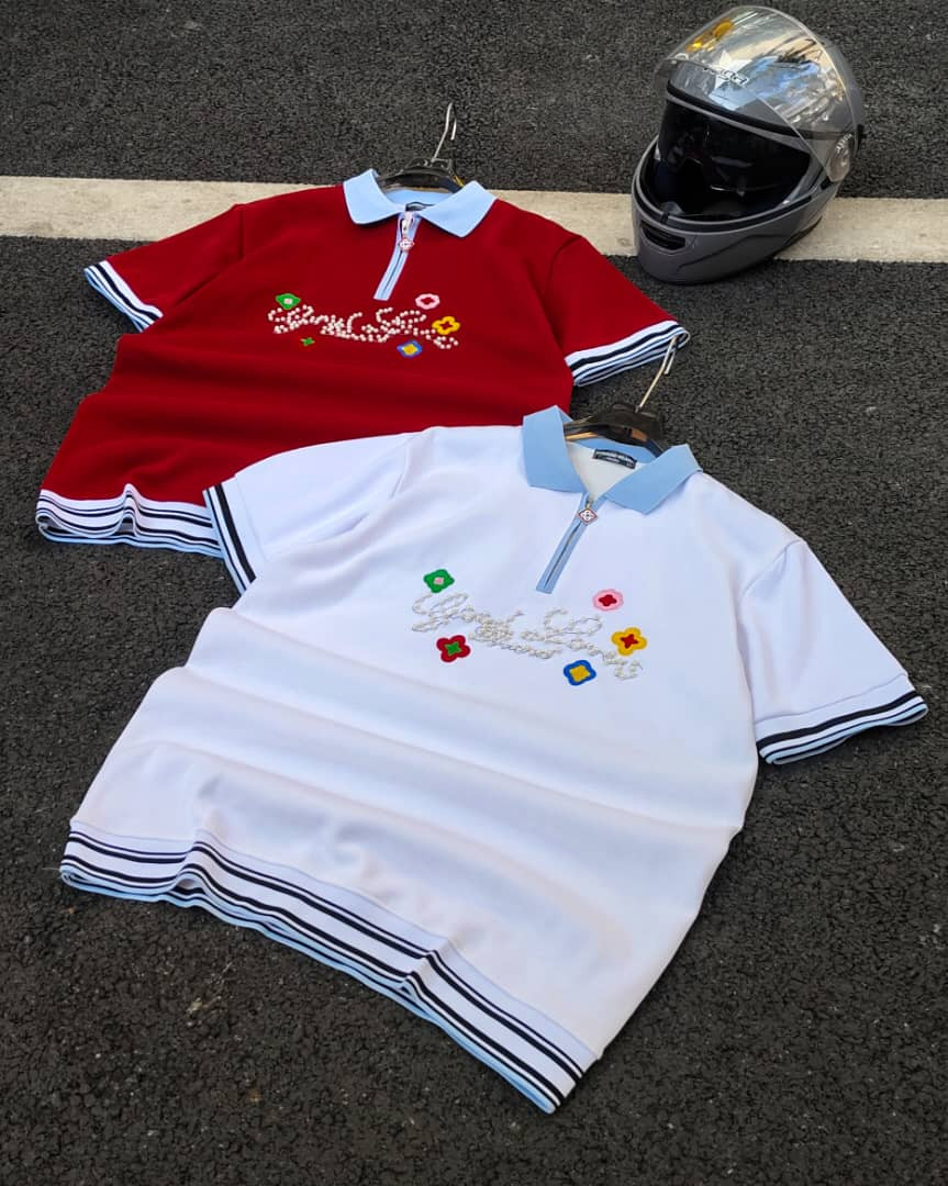 Pearl Beaded Floral Polo Shirt Red Black Short Sleeve Color-Block Collar Casual Streetwear