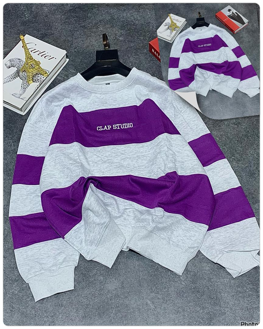 Trendy Block Stripe Sweatshirt Grey & Black CLAP Print Crewneck Loose Fit Streetwear Hoodie