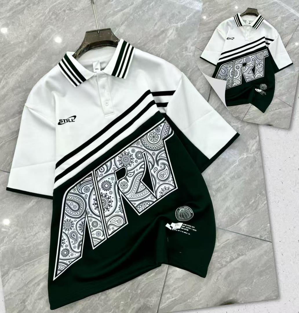 White Black Green STILL Inspired Oversized Polo Shirt Paisley NRK Graphic Striped Collar Short Sleeve Button Up Unisex Streetwear Hype Top