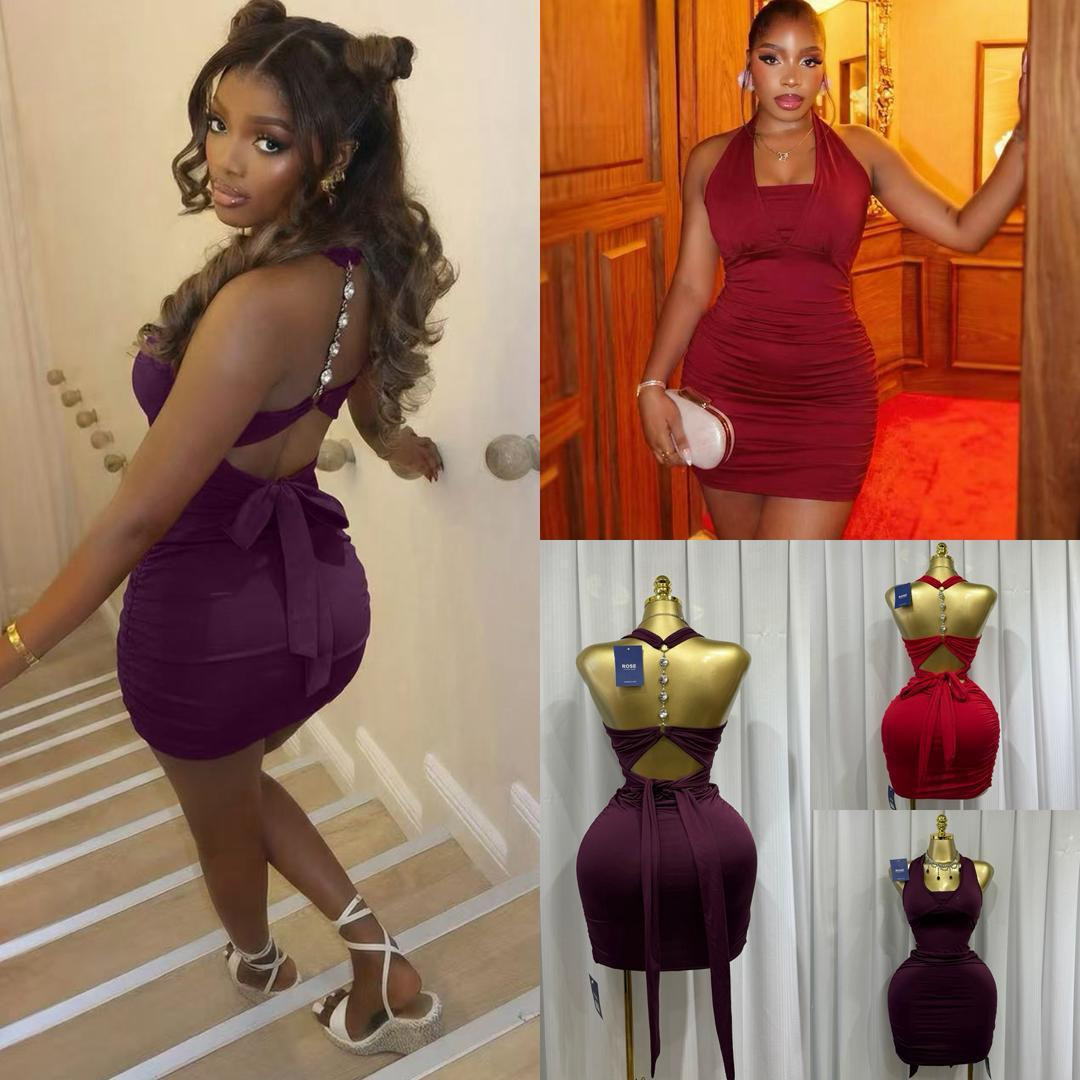 Burgundy Halter Mini Bodycon Dress Open Back Bow Crystal Chain Ruched Bandage Dress