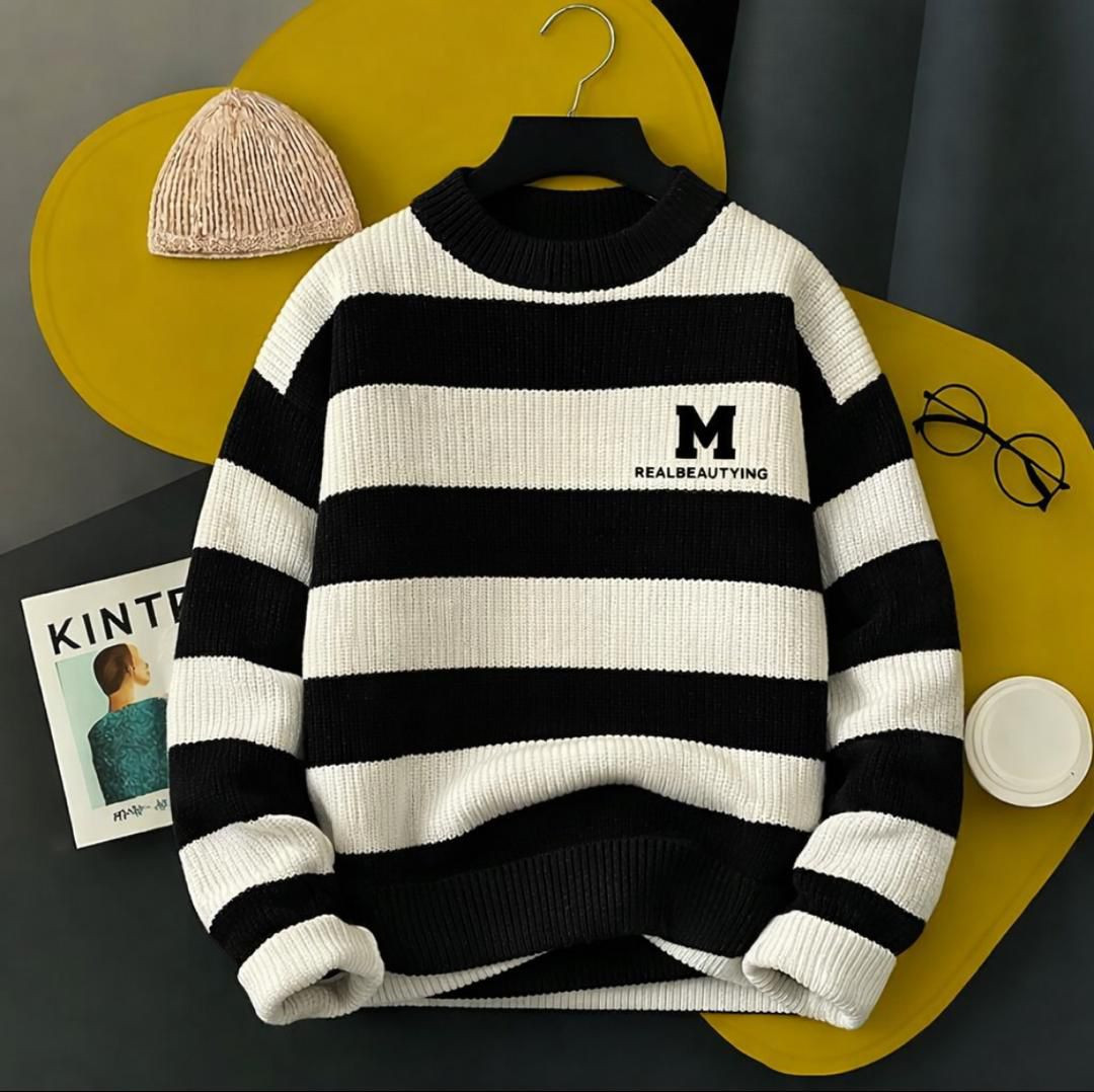 Black White Striped Knit Sweater Oversized Ribbed Crewneck Pullover Textured Striped Jumper "M REALBEAUTYING" Embroidery