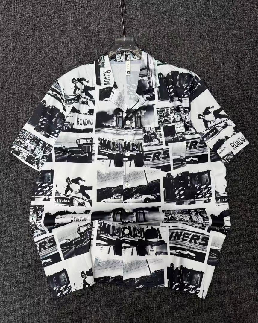Vintage Cinematic Collage Button Up Shirt Black White Roadway Print Arrabee Short Sleeve Camp Collar Casual Summer Top