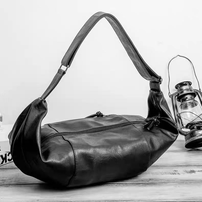 Black Leather Crescent Sling Bag Crossbody Duffel Shoulder Purse Adjustable Strap Casual Streetwear