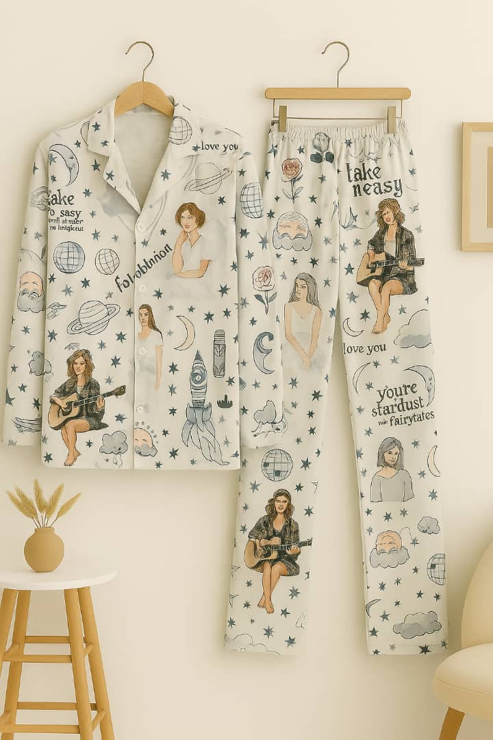 Taylor Swift Folklore Evermore Pajama Set Oversized Button-Up + Long Pants Portrait Lyric Print
