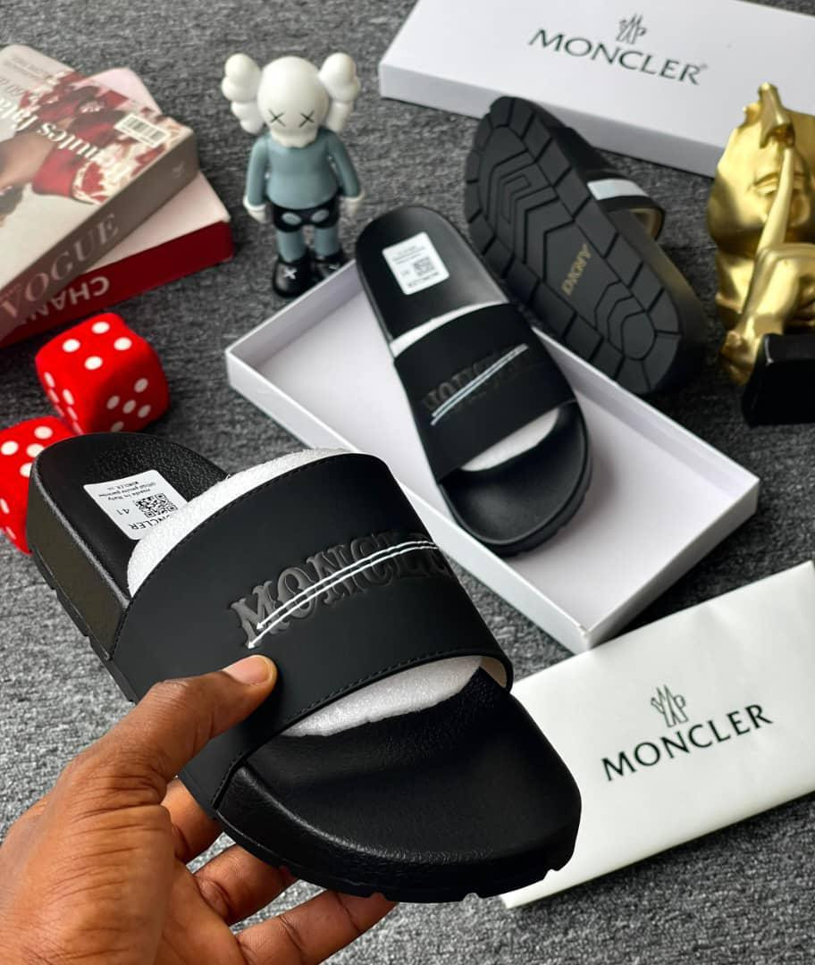 Black Moncler Inspired Platform Slides Embossed Logo Thick Sole Slip On Streetwear Unisex Fashion Casual Sandals Hype Beach Pool Shoes