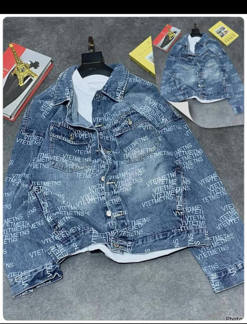 Faded Blue Denim Jacket All-Over "VTETMETNS" Text Print Oversized Streetwear Trucker Jacket Vetements Style
