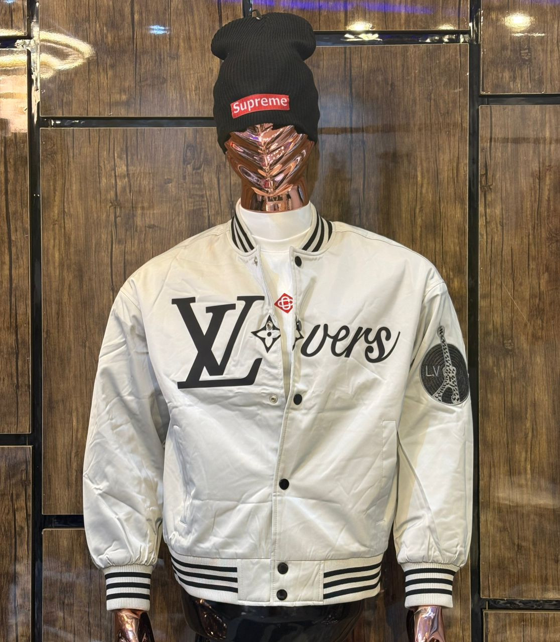 Men's Premium White Varsity Bomber Jacket - Designer Inspired Letterman Jacket with Eiffel Tower Patch - Urban Hip Hop Snap Button Baseball Coat