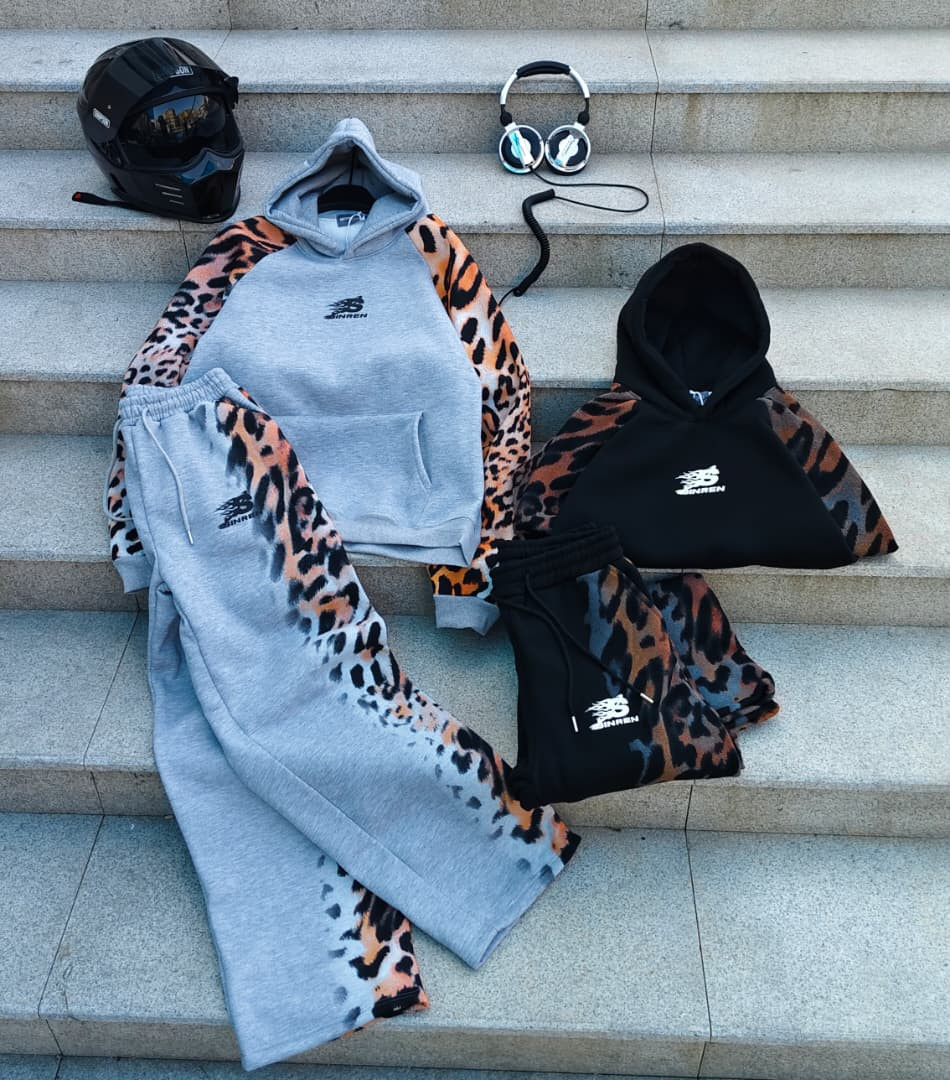 Leopard Print Fade Tracksuit Set Hoodie Joggers Oversized Streetwear SHINREN Logo Green Yellow